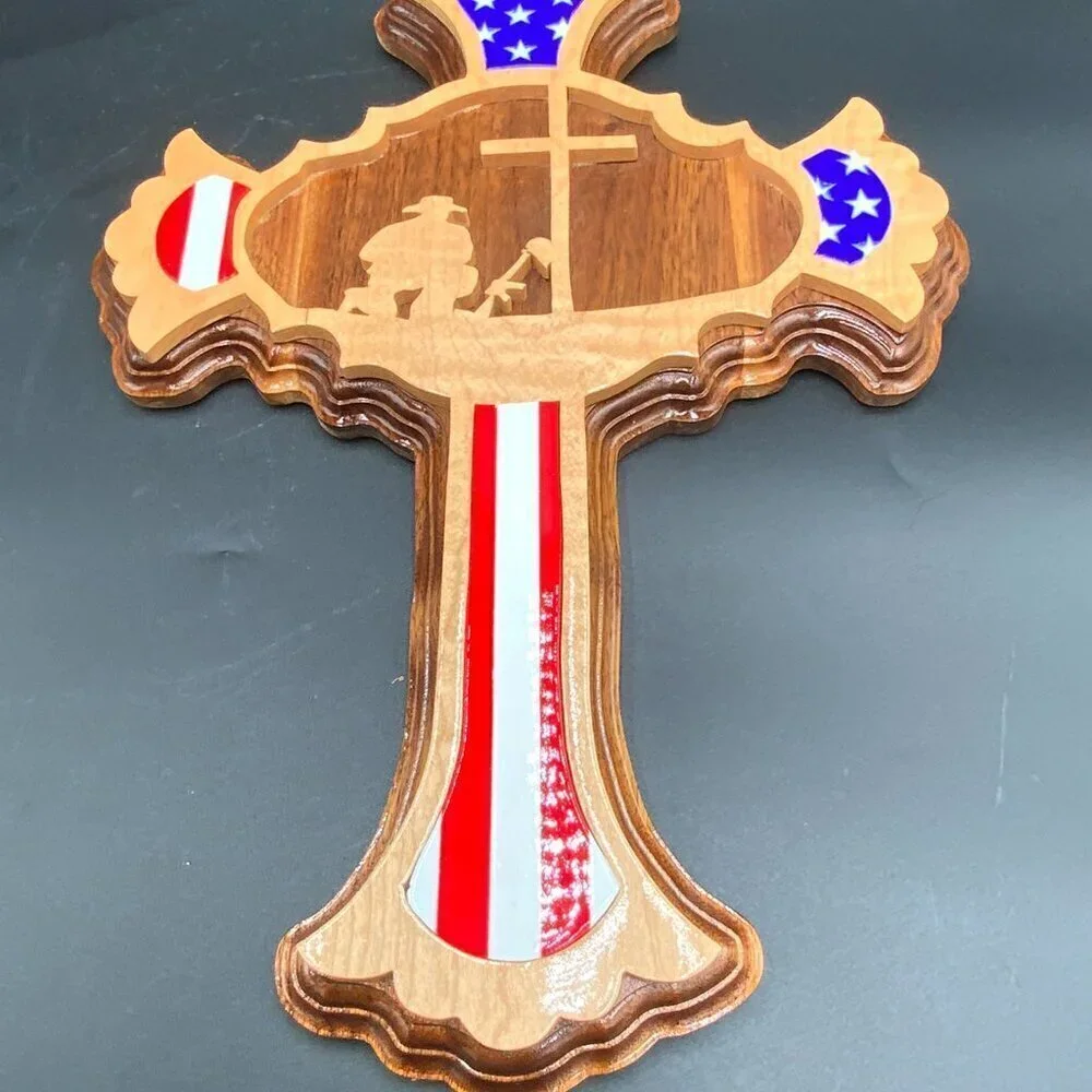 Handcrafted Craig Caudill Wooden USA Flag American Fallen Soldier Memorial Cross